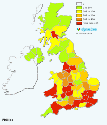 Map of the distribution of the surname 'Phillips'